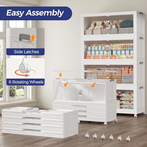 300Gal/1200QT 5-Tiers Extra Large Stackable Storage Bins with Lid, Collapsible Cabinet Closet Organizer Plastic Container Box with Wheels Doors Drawers for Living Room Kitchen Office, White - size: 60Gal, style: 5Pack