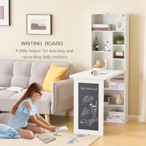 Folding Desk with Storage,Foldable Convertible Writing table with Blackboard and Shelves,Wall Mount Fold Out Table Cabinet , Space-Saving Murphy Desk Multi-Function Home Office Workstation (White) - color: White