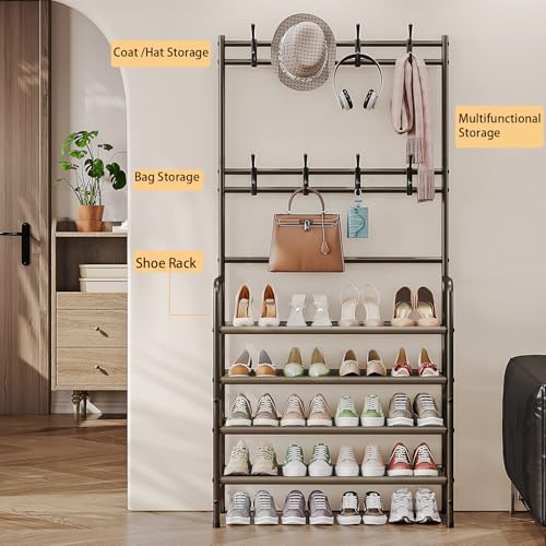 4 Tier Coat and Shoe Rack Entryway Coat Rack with 8 Hooks Shoes Organizer for Living Room Bedroom Office Brown - color: Brown