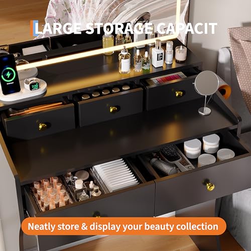 Garvee 31.5-Inch Wide Vanity with Chair, Womens Vanity with Stool, LED Mirror, Hairdryer Holder, Power Outlet, 3 Lighting Color Adjustable - color: Black Vanity With Chair