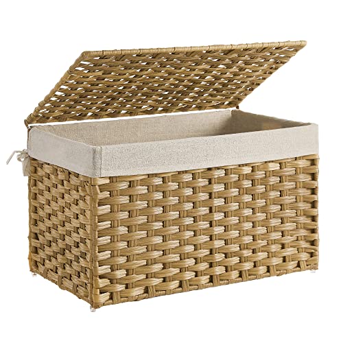 SONGMICS Storage Basket with Lid, Woven Blanket Storage Bin with Handles, Foldable, Removable Liner, Metal Frame, for Bedroom, Laundry Room, 17.2 Gallons (65 L), Natural URST56NL - color: Natural, size: 65 L