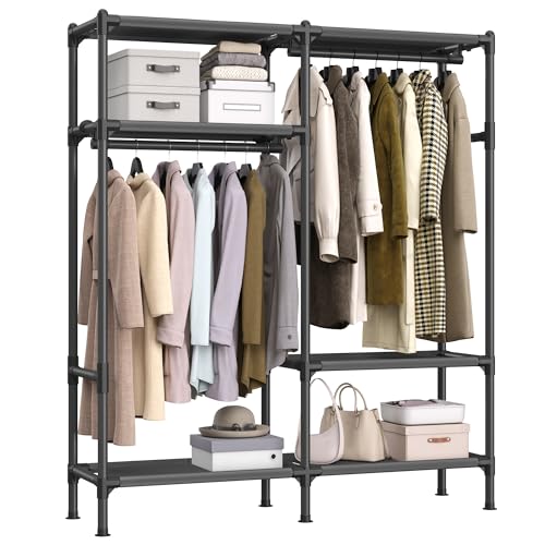 SONGMICS Heavy Duty Clothes Rack, 65 Inch Freestanding Portable Wardrobe with Hanging Rails and Shelves, Total Load 242 lb, Easy Assembly, for Cloakroom, Bedroom, Black URDR201B02 - size: 65"L x 17.7"W x 74.8"H