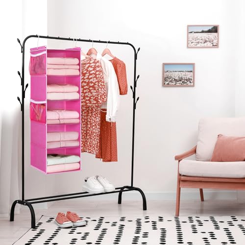 MAX Houser 5-Shelf Hanging Closet Organizer, Hanging Storage Shelves with 4 Side Pockets Space-Saving for Bedroom, Foldable (Pink) - color: Pink