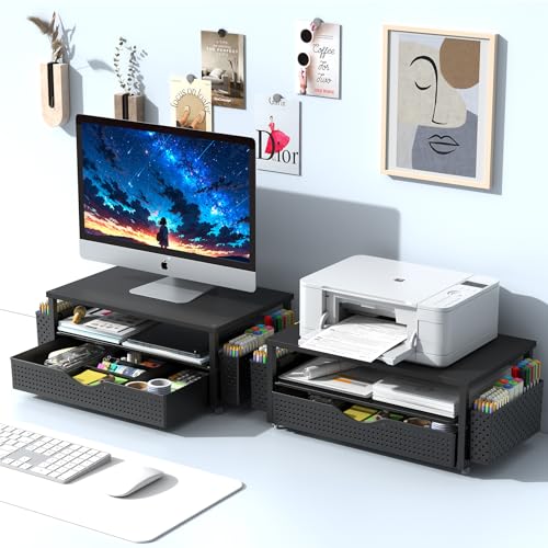 Spacrea Desk Organizer and Accessories, Computer Monitor Stand Riser with Drawer and 2 Pen Holders, Office Desk Accessories & Workspace Organizers for Office Supplies (Black) - color: Black