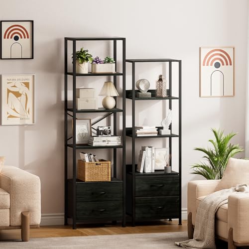 Furnulem 5-Tier Corner Shelf, Narrow Bookshelf with 2 Storage Drawers, 65.16" Tall Bookcase, Standing Shelf Organizer Unit for Living Room, Bedroom, Metal Frame, Wood Display Shelf(Black Oak) - color: Black Oak, size: 5 Tier