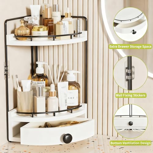 2-Tier Corner Bathroom Counter Organizer with Drawer & Embedded Screw Holes - Wooden Countertop Organizers for Skincare, Makeup Storage, Bathroom Sink Counter Shelf for Vanity, White - color: White