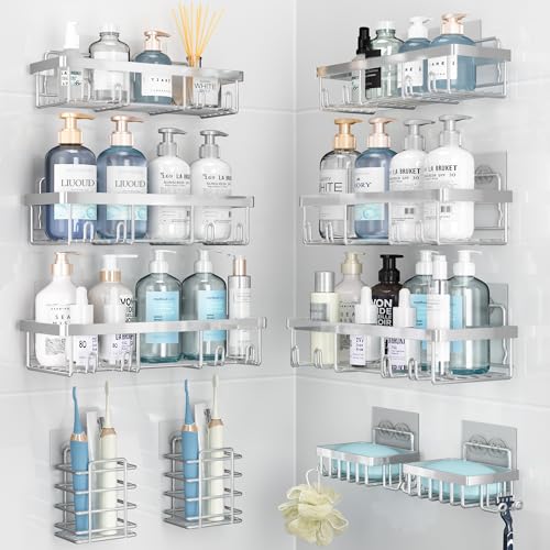 Liuoud 10 Pack Shower Caddy Organizer Rack Shelf for Inside Shower, Self Adhesive Wall Storage Basket Rustproof Stainless Steel Shampoo Holder Bathroom Accessory Decor Set, Silver - color: Silver