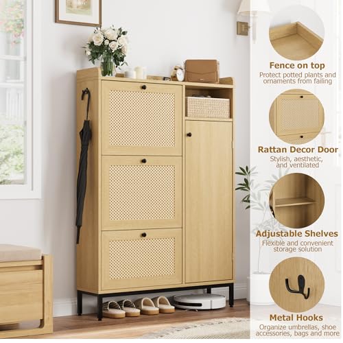 GarveeHome Shoe Cabinet Rattan with 3 Flip Drawers and 4-Tier Shoe Storage Cabinet, Freestanding Shoe Organizer with Adjustable Shelves for Entryway, Closet, Hallway (Light Oak) - color: Light Oak, size: 3-Drawers + 1-Door