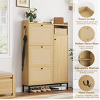 GarveeHome Shoe Cabinet Rattan with 3 Flip Drawers and 4-Tier Shoe Storage Cabinet, Freestanding Shoe Organizer with Adjustable Shelves for Entryway, Closet, Hallway (Light Oak)