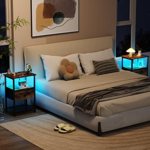 LOAKEKEL Nightstand with Charging Station, End Table with Fabric Drawer, LED Night Stand for Bedroom, Small Bed Side Table with USB Ports and Outlets, Brown, HETS01BR-1 - color: Rustic Brown, style: One-drawer