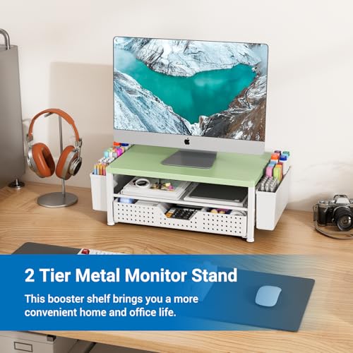 Wood Metal Monitor Stand Riser, Laptop Stand for Desk, Office Desk Organizer and Accessories, Computer Desktop Shelf with Drawer and Pen Holder, Printer Stand for Home, Office, Dorm (Green Wood) - color: Green Wood