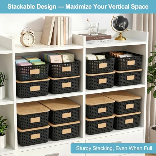Bagnizer 4 Pack Plastic Storage Bins with Bamboo Lids, 6.2qt Stackable Storage Organizer Box with Lable for Pantry Shelves Drawers Desktop Office, 12"L x 8.5"W x 3.5"H, Black - color: Black, size: Shallow- 4 Pack