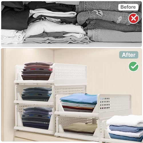 Goderewild Stackable Foldable Storage Baskets, Folding Storage Bins, Closet Organizers and Plastic Drawer Shelf Storage Container for Wardrobe, Cupboard, Kitchen, Bathroom, Office (White, 2L2S) - size: 2L2S