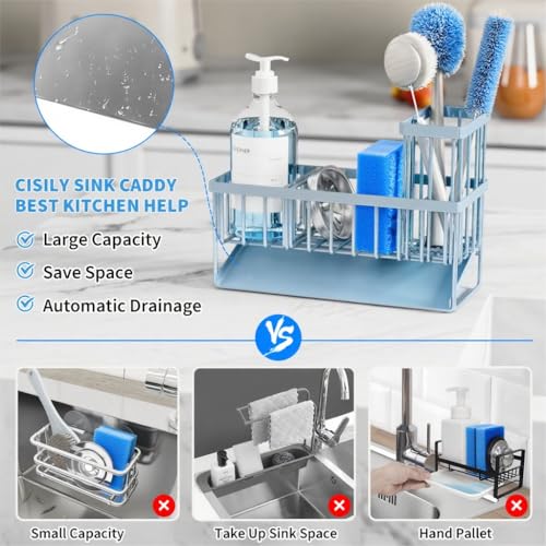 Cisily Sink Caddy Organzier with High Brush Holder, Sponge Holder for Sink, 304 Rustproof Stainless, Kitchen Countertop Soap Dispenser Organizer, Gray Blue Kitchen Decor and Accessories - color: Grey Blue, size: 9.25″