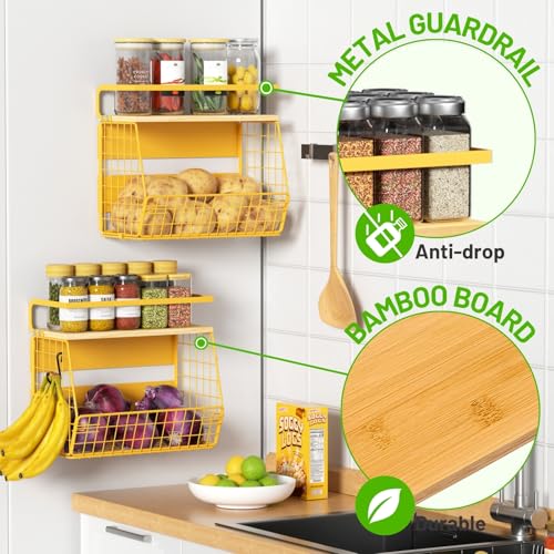 Magnetic Shelf for Fridge with Wood Lid, Fruit Potato and Onion Storage Bins, Pantry Organizers & Storage, Large Container Magnetic Spice Rack for Refrigerator, Kitchen Counter, Cabinet (Yellow, 1) - color: Yellow, size: 1-Regular