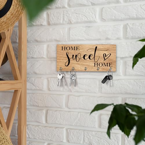 Home Sweet Home Wooden Key Holder - Wall Mounted Key Holder Rack Organizer Hanger with 5 Hooks for Wall Express Love Art Decor for Entryway Front Door Hallway Office(5 x 8 inch) - A06 - color: Home Sweet Home