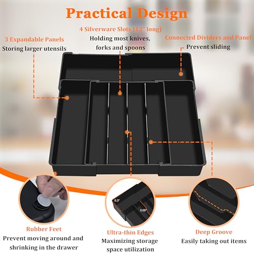 Spaclear Expandable Large Silverware Organizer - BPA-Free Food-Safe Utensil Drawer Organizer Adjustable Kitchen Drawer Organizer Flatware Cutlery Tray, Classified Storage for Spoons Forks Knives - color: Black
