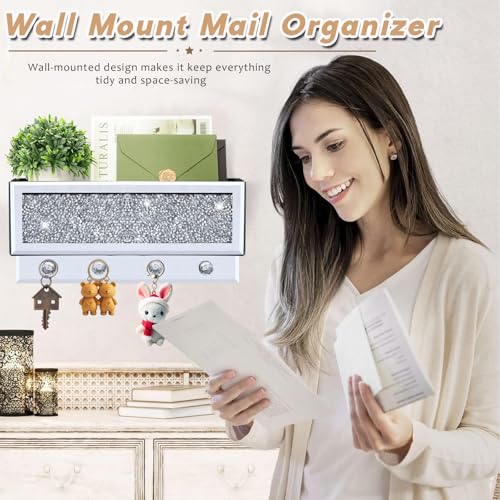 Crushed Diamond Key and Mail Holder for Wall, Crystal Mail Organizer Wall Mount, Mirror Mail and Key Holder Wall Mount for Entryway and Home Decor - color: Key and Mail Holder