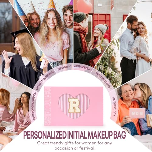 2 PCS Initial Makeup Bags for Women: Cosmetic Bag for Travel Toiletry - Birthday Gifts for 11 12 13 14 15 16 17 18 Years Old Girl Graduation Teacher Gift- Teen Girl Gifts Trendy Stuff - Pink R - color: Pink, style: R