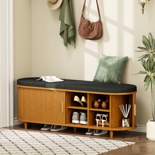 DHH 2-Tier Storage Bench,Wide Shoe Bench with Thickened Padded Seat Cushion, Mid Century Modern Fluted Sliding Door and Adjustable Shelf, for Entryway, Living Room, Bedroom (Yellow Walnut, 51.2”) - color: Yellow Walnut, size: 51.2 inch