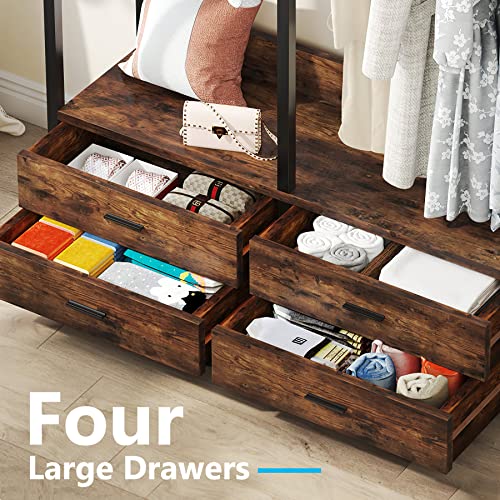 Tribesigns Freestanding Closet Organizer for Hanging Clothes, Heavy Duty Garment Rack with 4 Drawers, 8 Hooks and Storage Shelves, Wardrobe Closet Clothing Rack for Bedroom, Living Room, Rustic Brown - color: Rustic Brown