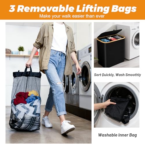 160L Laundry Hamper 3-Section, Laundry Basket with Lid, Dirty Clothes Basket, Laundry Basket Organizer with 5 Sorting Labels and 2PCS Laundry Bags for Bedroom, Dormitory, Laundry Room
