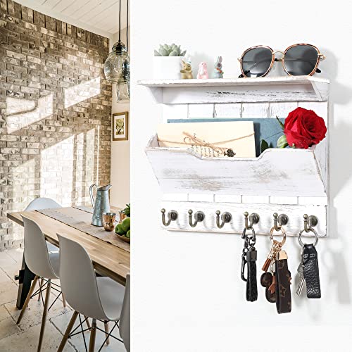 DOPACE Key and Mail Holder for Wall, Mail and Key Holder, Mail Organizer Wall Mounted with 6 Key Hooks, White
