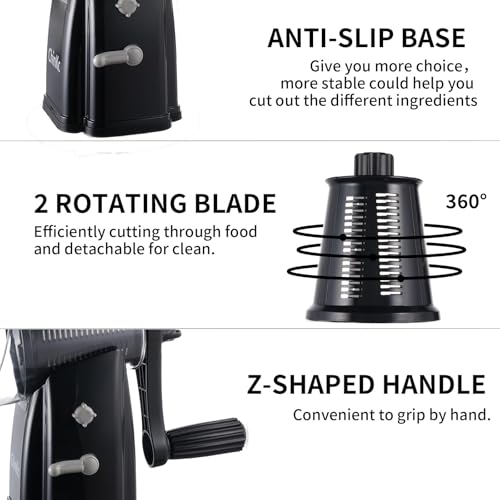 Upgrade Rotary Cheese Grater Shredder with Handle, Strong Suction Base, Multi-purpose Rotary Grater Slicer with 5 Interchangeable Blades for Ice, Vegetables, Fruit, Nuts with Blade Storage Box - color: Black