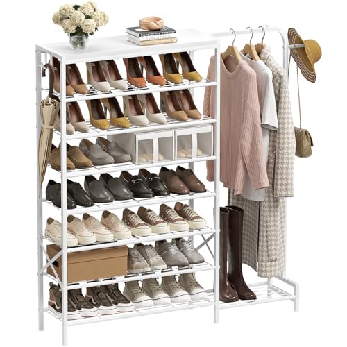 Shoe Rack with Coat Rack, 8 Tier Tall Shoe Storage Organizer with Hooks, 3-in-1, Wooden Top Shelf, Sturdy Frame, Metal Clothes Hanger Stand for Entryway, Closet, White - color: White