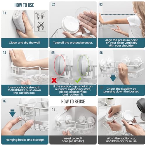 TAILI Corner-adaptive Suction Cup Shower Caddy 2 Pack, Stainless Steel Rustproof Corner Shower Shelves, Drill-Free Wall Mounted Baskets, Large Capacity Removable Suction Cup Bathroom Organizer, White - style: Corner-adaptive, White