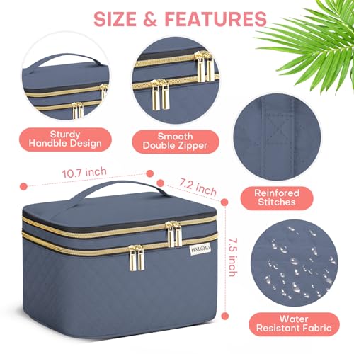 HXLGMD Large Makeup Bag with Mirror Double Layer Travel Make Up Organizer Case, Large Capacity Coemetic with Brush Slot Divider, Travel Toiletry Bag for Women (Aegean Blue) - color: Aegean Blue