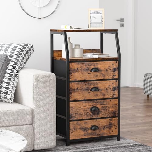 Furnulem Night Stand, Tall 4 Drawers Dresser for Bedroom, Hallway, Nursery, Closet Organizer, Nightstand Bedside Table Furniture, Vertical Storage Tower Fabric, Sturdy Steel Frame, Wood Top - color: Rustic Brown, style: 4 Drawers