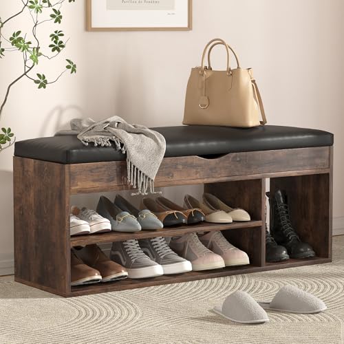 Apicizon 39 Inches Storage Bench with Padded Cushion, Shoe Bench with Storage Space, Upholstered Entryway Bench for Living Room, 2-Tier Shoe Rack Organizer, Brown - color: Brown, size: 39 Inch