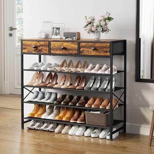 Shoe Rack, 5 Tier Shoe Organizer with 3 Drawers, Metal Shoe Storage for 24-30 Pairs of Shoes with Fabric Shelves and Wooden Top, Narrow Shoe Shelf for Closet Entryway Rustic Brown - color: Rustic Brown, size: 5 Tier(41.3 × 10.8 × 37.8)
