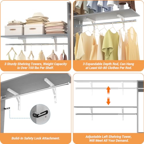 iSunirm 8FT Closet System with Shelves, 96'' Closet Organizer System with 3 Hanging Rods, Wall Mount Bedroom Wardrobe Walk-in Closet, Adjustable Cloth Garment Rack from 5 to 8FT (Cut to Fit), Grey - color: Grey