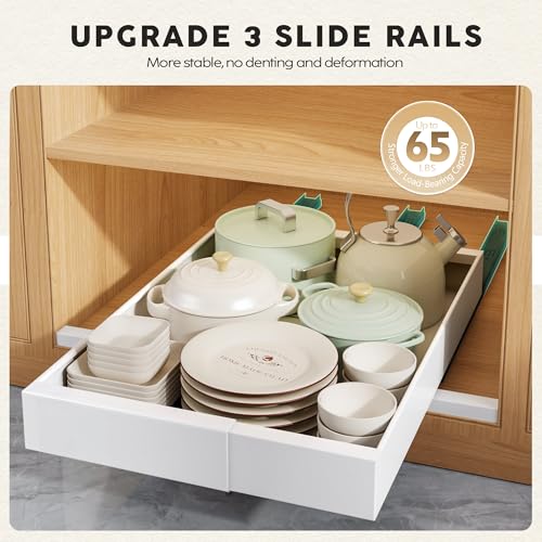 Seinloes 2 Pack Pull Out Cabinet Organizers 21" Deep With Raising Pad for Framed Cabinets, Expandable Width (9"-14") Slide Out Drawers Upgrade 3 Slide Rails, Roll Out Shelves Adhesive, White - color: White, size: 9"-14"Wide x 21"Deep(2 Pack)