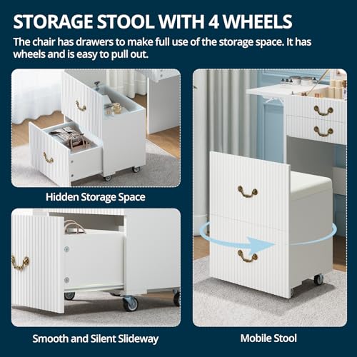 FURSUN 3-in-1 Vanity with Flip Mirror & Lights, Fluted Compact Vanity Table with 3 Drawers, Storage Compartment and Rolling Stool, Modern Small Makeup Vanity for Bedroom, Powder Room, Solid White - size: 15.7"D x 18.2"W x 46.9"H, style: White