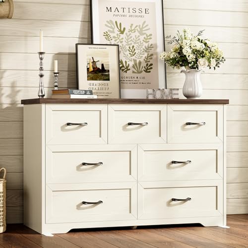 AODK Farmhouse 7 Drawer Dresser for Bedroom, 47” Wide Rustic Storage Chest with Engineered Wood Frame, Anti-Tip Design, American Country Bedroom Furniture, Walnut & Vintage White - color: Walnut & Vintage White, size: 15.7"D x 47"W x 29.8"H (7 Drawers)