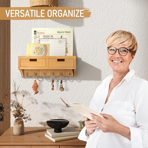 Rebee Vision Key Holder Wall Mount with 2 Drawer Organizer & Key Hooks - Farmhouse Key and Mail Holder for Wall with Shelf for Room Decor Aesthetic - Rustic Home Organization (Light Brown) - color: Light Brown, style: 2-Drawer