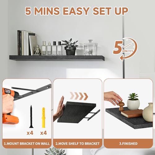 Easy Install Floating Shelves, Wall Mounted Wood Shelf,Hanging Shelf for Home Decor, Books and Storage, Small Organizer for Bedroom, Bathroom, Kitchen, 15.7 Inch Set of 3, Black - color: Black, size: 15.7IN