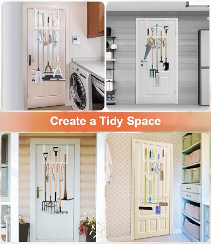 Broom Holder Over The Door Drilling Free Mop and Broom Holder with 4 Over Door Hook, Metal Mop and broom hanger Wall Mount Broom Storage Tool Organizer for Laundry Room Garage Bathroom - light beige - color: light beige