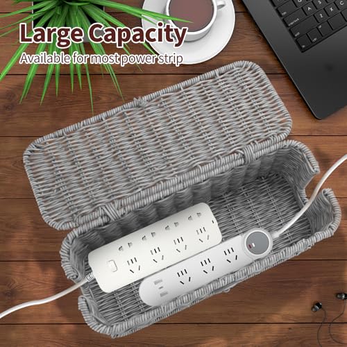 Cable Management Box, Desk Handwoven Rattan Cord Hider Cable Organizer Box With Lid Button Lock, Power Strip Cover Wicker Decorative Basket, Floor Wire Hiding Extension Cord Box (grey) - color: Grey
