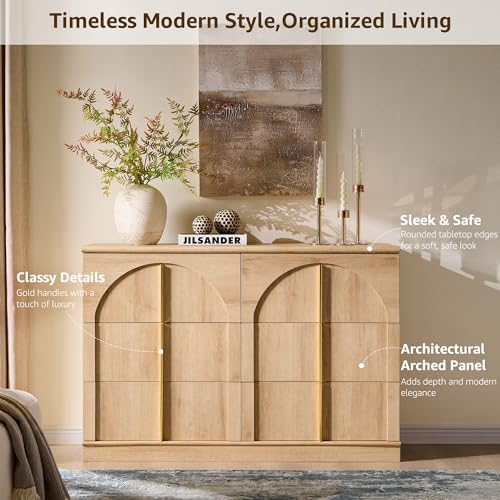 ACCOHOHO Arched Dresser for Bedroom with 6 Drawers, 47.3" Wide Modern Chest of Drawers with Rounded Edge & Metal Handles, Wood Storage Closet Dressers TV Stand for Living Room, Hallway, Oak - color: Natural Oak, size: 15.6"D x 47.3"W x 32"H (6 Drawers)