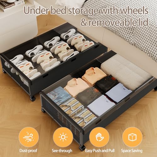 KITHELP Under Bed Storage Containers with Wheels, Underbed Shoe Storage Organizer with Removable Lids, Large Rolling Under Bed Storage Dresser Drawers for Clothes Toys Shoes Blankets - color: Black-1pack