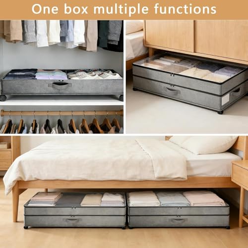 Under Bed Storage with Wheels, 2 Pack 75L Underbed Large Storage Bins with Lid, Adjustable Rolling Storage Containers for Clothes, Shoes, Blankets