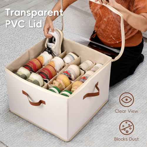 Shoe Organizer Box 2 Pack, Shoe Storage Organizer with Clear Cover, Adjustable Dividers Fits 16-32 Pairs, Fabric Shoe Organizer for Closet, Beige - color: 2 Pack -Beige