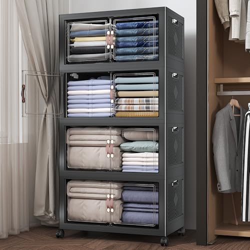 UAMFURI Extra Large Stackable Storage Bins with Lids & Wheels, 480QT-120QT/30GAL*4Pack Foldable Collapsible Closet Organizers Storage Cabinet with Doors for Bedroom Dorm - color: Black, size: 4PACK-25"W16"D58"H