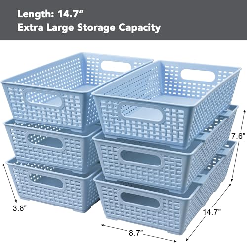 Tiawudi Stackable Woven Plastic Basket, Storage Bins for Cabinet, Closet, Shelf, Under Sink and Countertop, Pantry Organizer Bins, 6 Pack - color: Light Blue