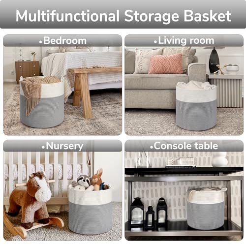 Goodpick Toy Basket for Kids, Woven Rope Blanket Basket for Living Room Nursery Baby Laundry Baskets for Organizing Clothes, Gray - color: Grey, size: 15 × 14.2 inches