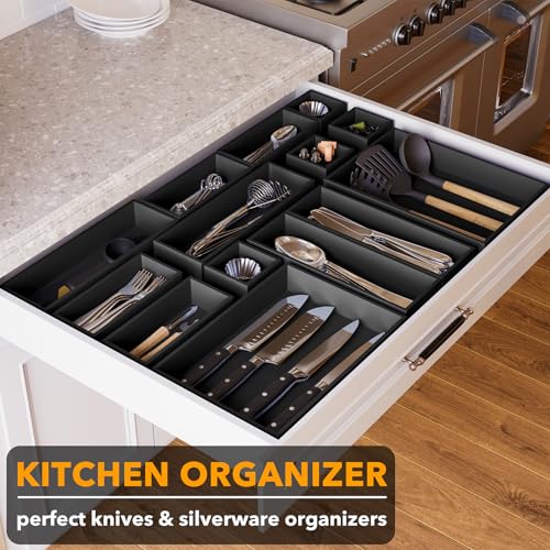 SpaceAid 14-Piece Bamboo Drawer Organizer Storage Boxes Set, Wood Tray Junk Drawer Organizers Multi-Use Divider Bins for Kitchen, Bathroom, Office Desk and Makeup Organization (14 Pack, Black) - color: Black